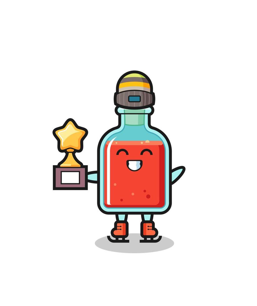 square poison bottle cartoon as an ice skating player hold winner trophy vector