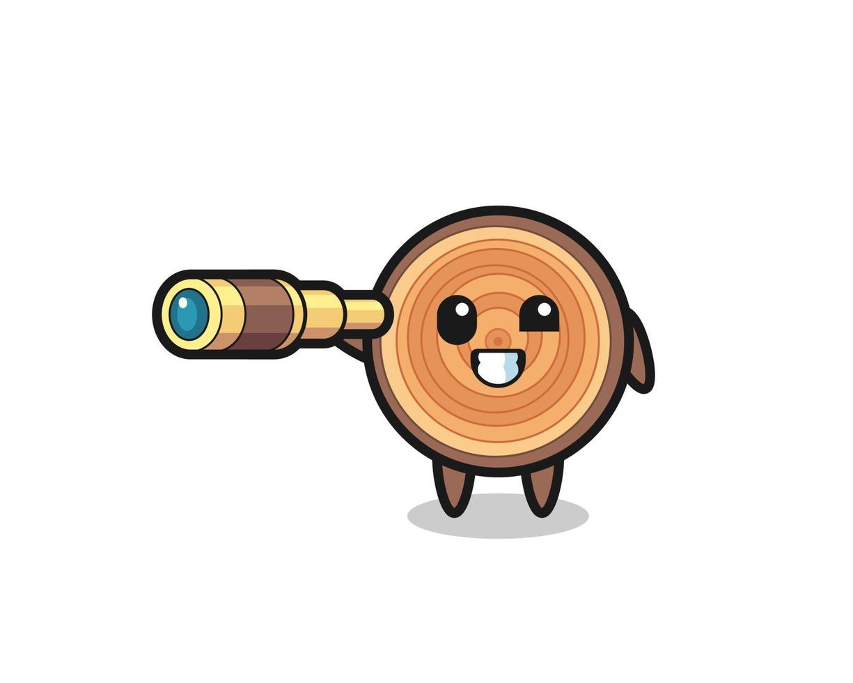 cute wood grain character is holding an old telescope vector