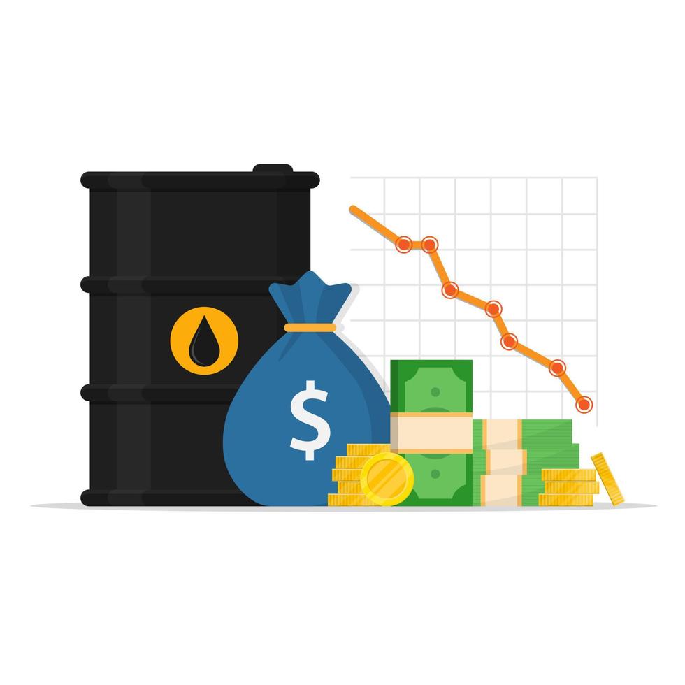 oil barrel and graph. oil market drop. oil price. price reduction. barrel and money. vector