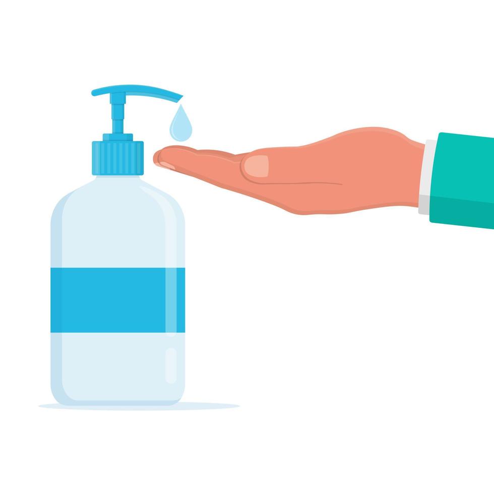 liquid soap for hand disinfection. soap in a plastic bottle with a dispenser. concept of combating viruses and bacteria. man washes his hands with soap. vector