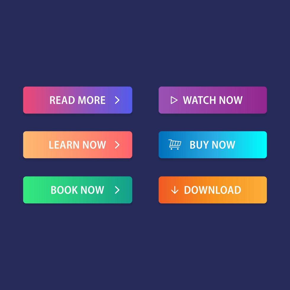 A set of multi-colored buttons using the gradient for websites and social pages. Read more, Learn more, Book now, Watch now, Buy now, Download. vector