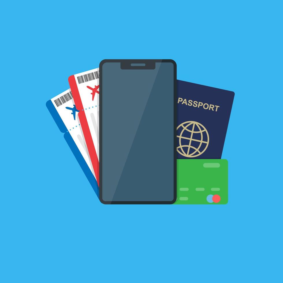 billetes de avión, pasaporte y tarjeta de crédito con teléfono móvil. vector