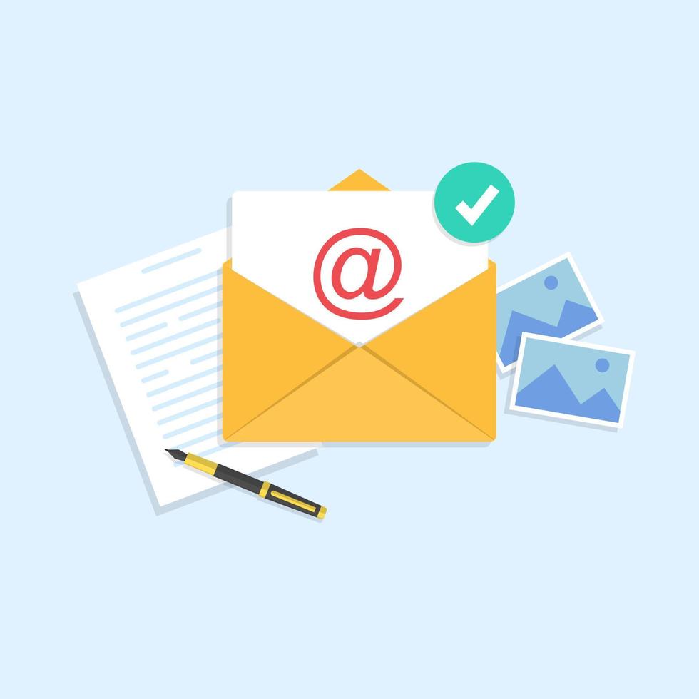 Email and messaging, yellow envelope with a letter inside, ballpoint pen and images. vector