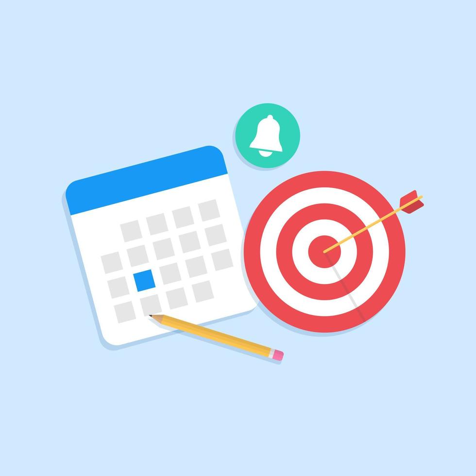 Calendar, arrow hit the target, notification icon and pencil. Concept of planning events or setting goals and achieving them. vector