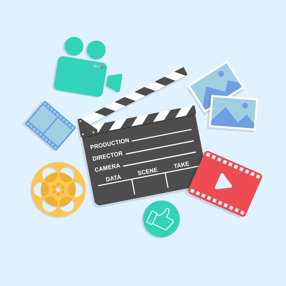 ver y crear una película o video, así como imágenes. iconos multimedia de la cámara, tira de película, imágenes y botones de reproducción. vector