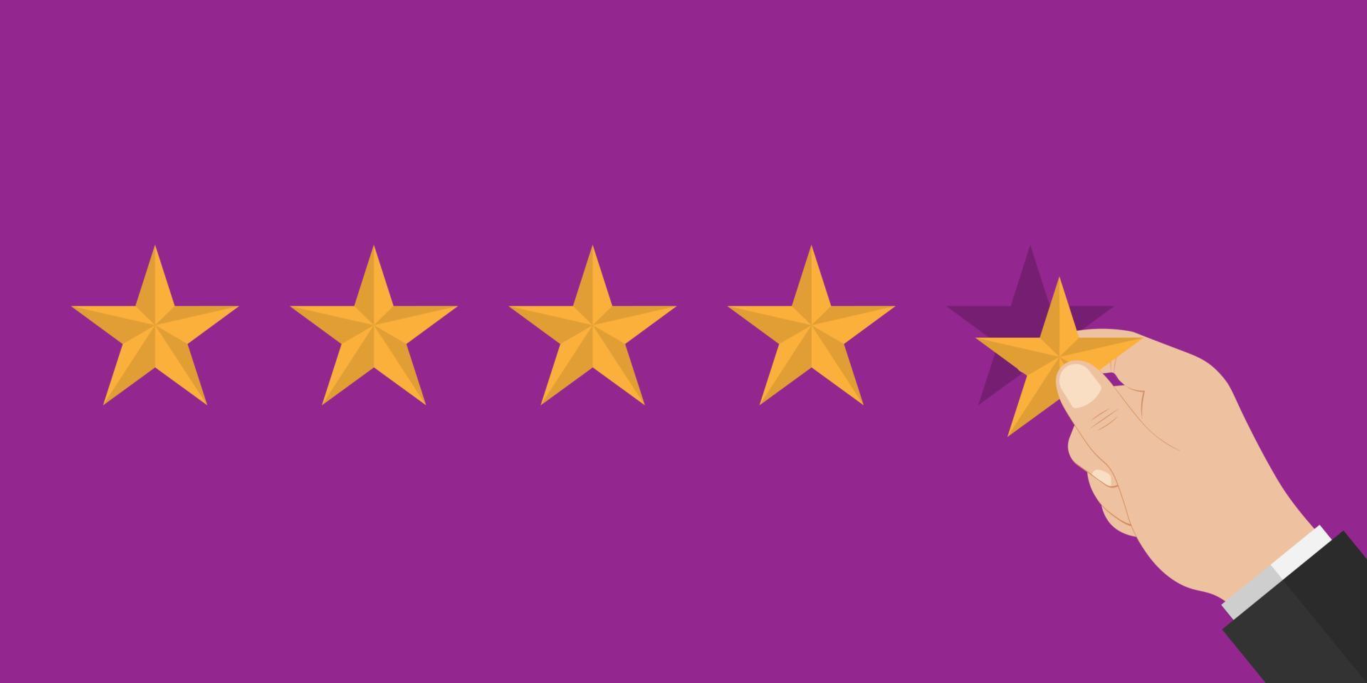 Hand puts 5 stars rating. Five star reviews in flat style vector