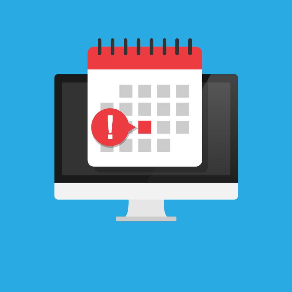 Calendar icon on monitor screen. Extreme lines exclamation mark. Event reminder symbol. Notification sign, important day. vector