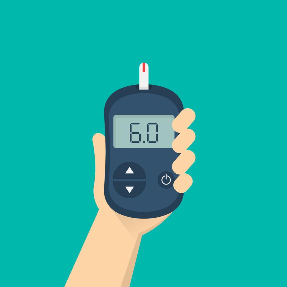 Glucose testing.Glucometer in human hand. vector