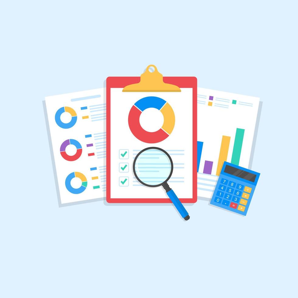 clipboard. Audit research vectors icon, financial report data analysis, analytics accounting concept with charts and diagrams.