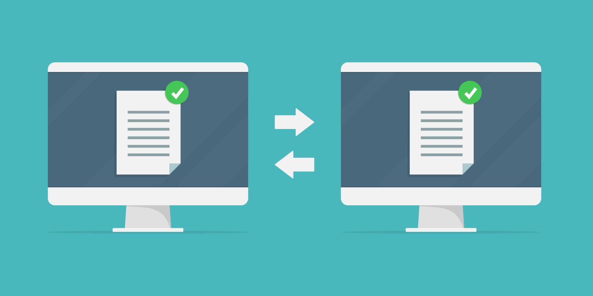 file sharing concept. Data transfer, ftp file receiver and backup on the monitor screen. vector