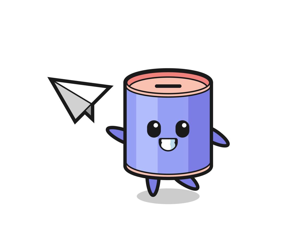 cylinder piggy bank cartoon character throwing paper airplane vector