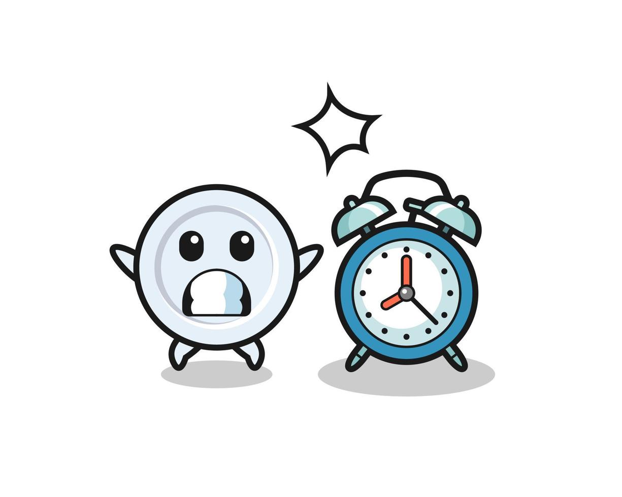Cartoon Illustration of plate is surprised with a giant alarm clock vector