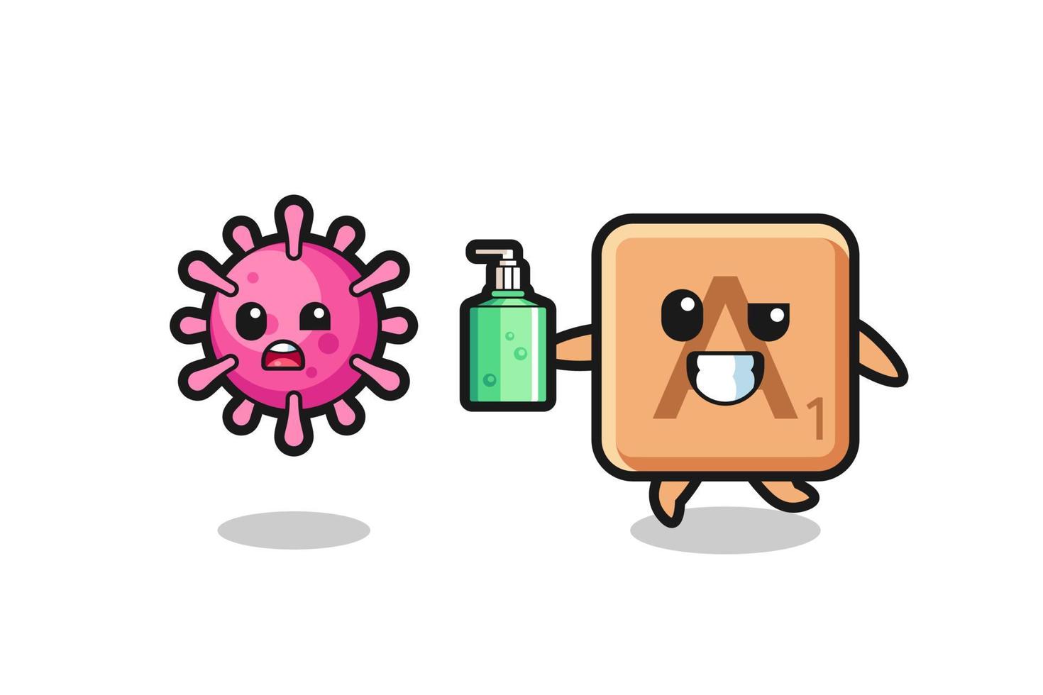 illustration of scrabble character chasing evil virus with hand sanitizer vector