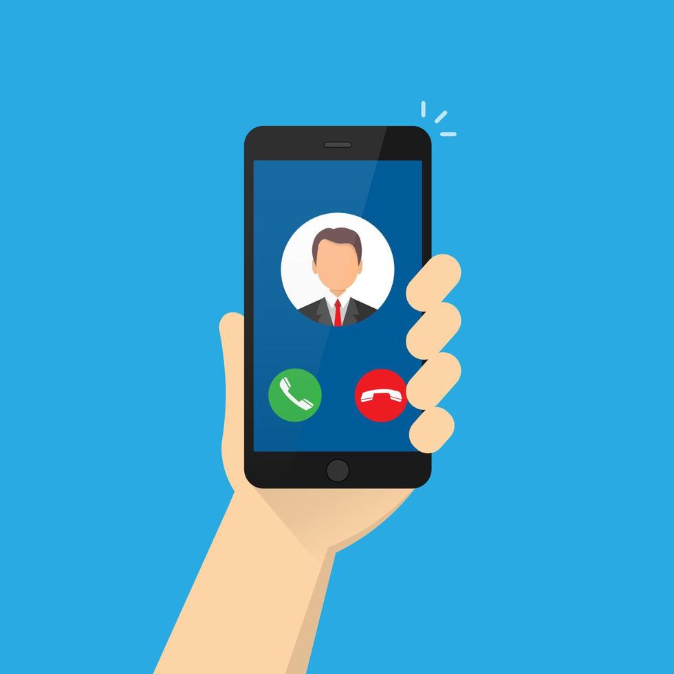 Incoming call on the smartphone screen with the image of the caller. Phone in a human hand. vector