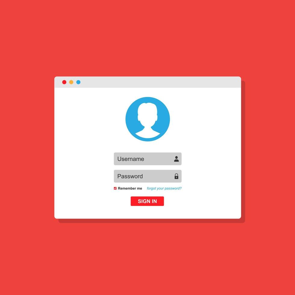 Login form, login page open in a web browser window. vector