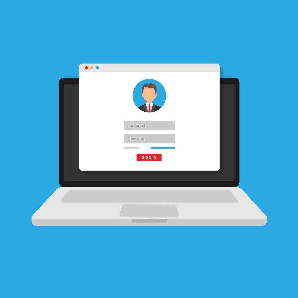 login form, the login page opens in a web browser window on the laptop screen. vector