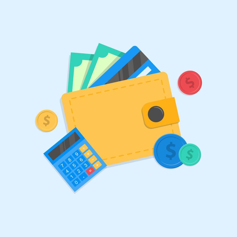 wallet with green dollars and a bank card. calculator and coins. wallet icon with money. vector