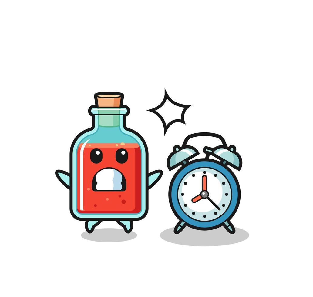 Cartoon Illustration of square poison bottle is surprised with a giant alarm clock vector