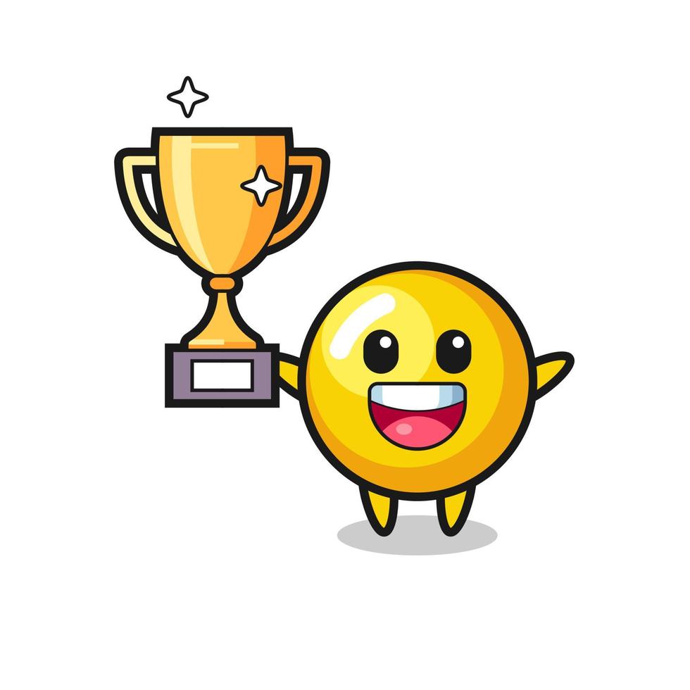 Cartoon Illustration of egg yolk is happy holding up the golden trophy vector