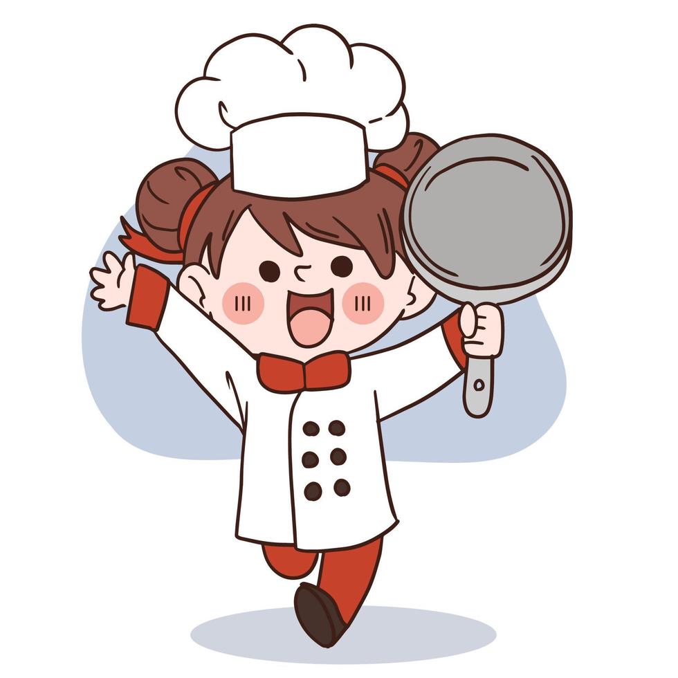 Happy smile little girl chef.kid cooking concept.Doodle hand drawn vector illustration.