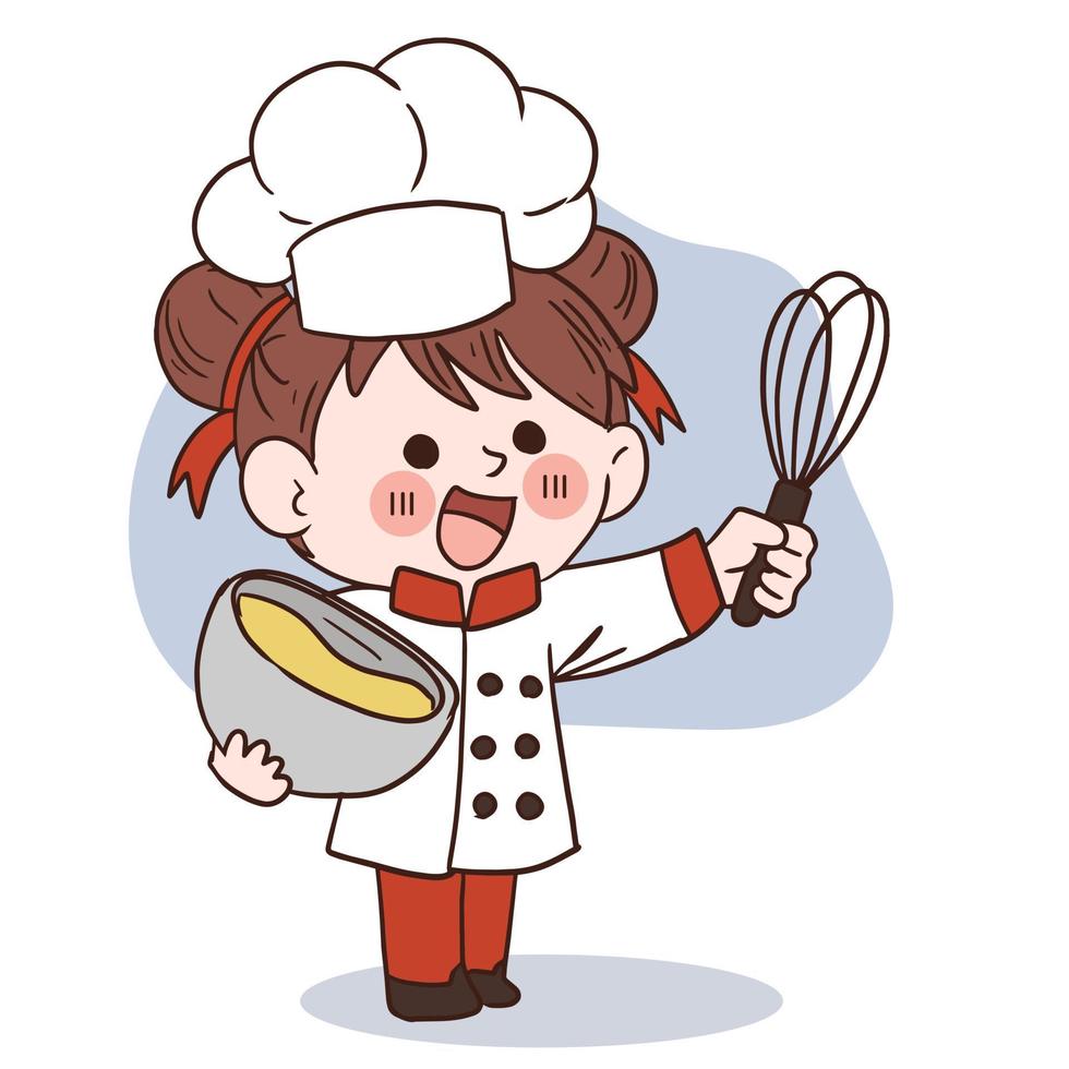 Happy smile little girl chef.kid cooking concept.Doodle hand drawn vector illustration.