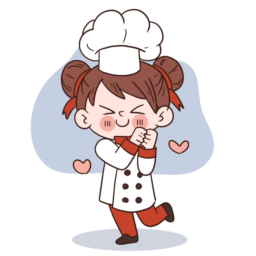 Happy smile little girl chef.kid cooking concept.Doodle hand drawn vector illustration.