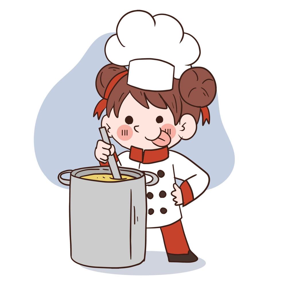 sonrisa feliz niña chef.kid concepto de cocina.doodle dibujado a mano ilustración vectorial. vector