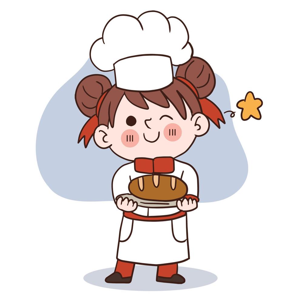 Happy smile little girl chef.kid cooking concept.Doodle hand drawn vector illustration.