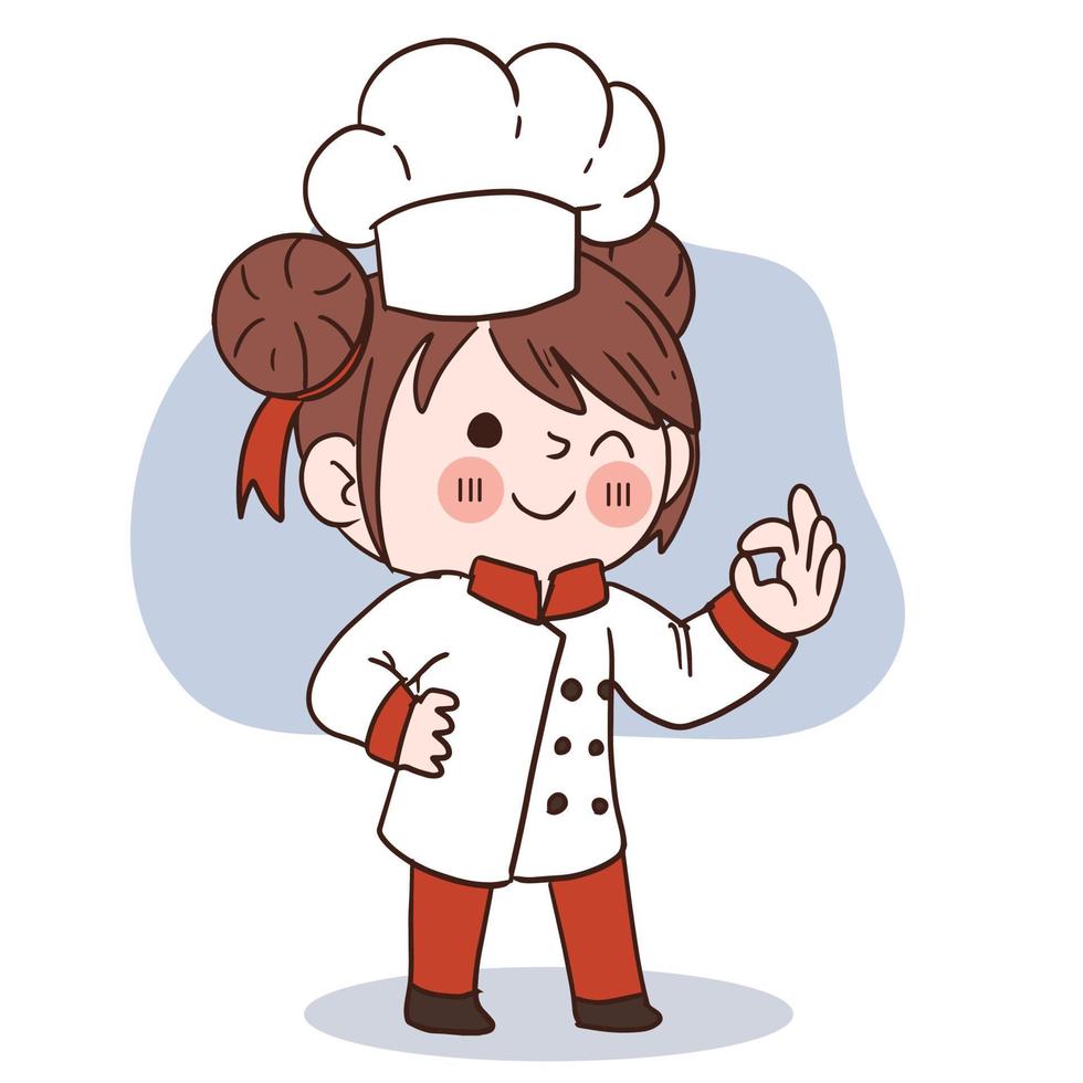 sonrisa feliz niña chef.kid concepto de cocina.doodle dibujado a mano ilustración vectorial. vector