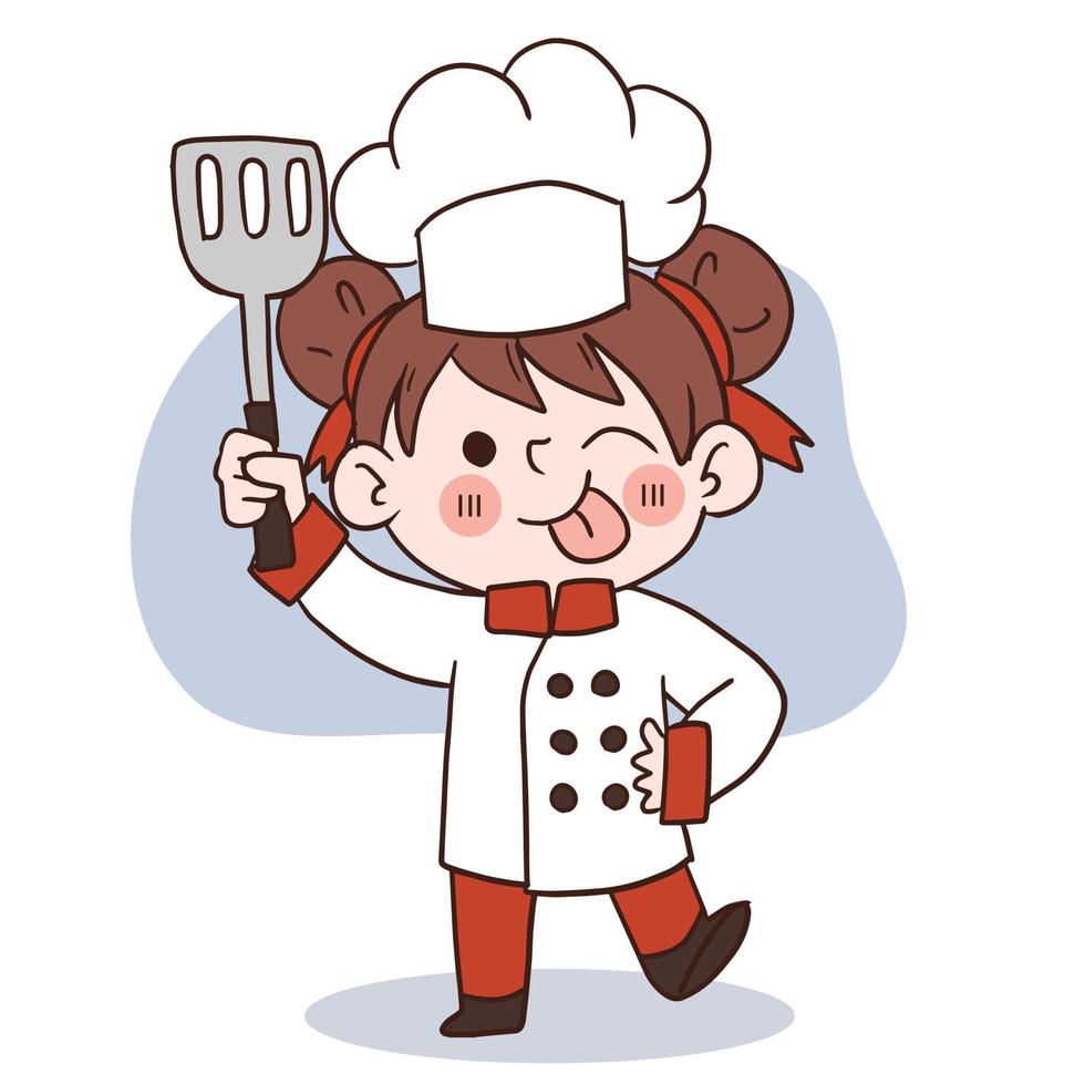 sonrisa feliz niña chef.kid concepto de cocina.doodle dibujado a mano ilustración vectorial. vector