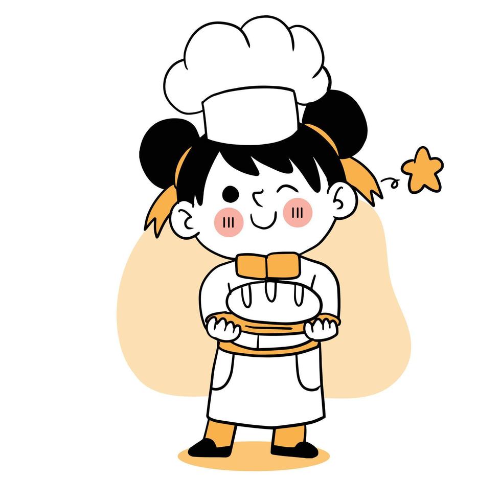 Happy smile little girl chef.kid cooking concept.Doodle hand drawn vector illustration.