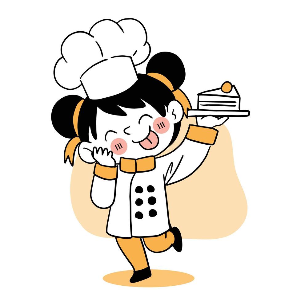 Happy smile little girl chef.kid cooking concept.Doodle hand drawn vector illustration.