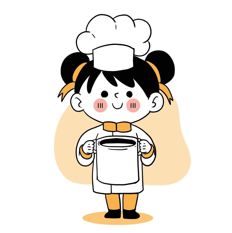 Happy smile little girl chef.kid cooking concept.Doodle hand drawn vector illustration.