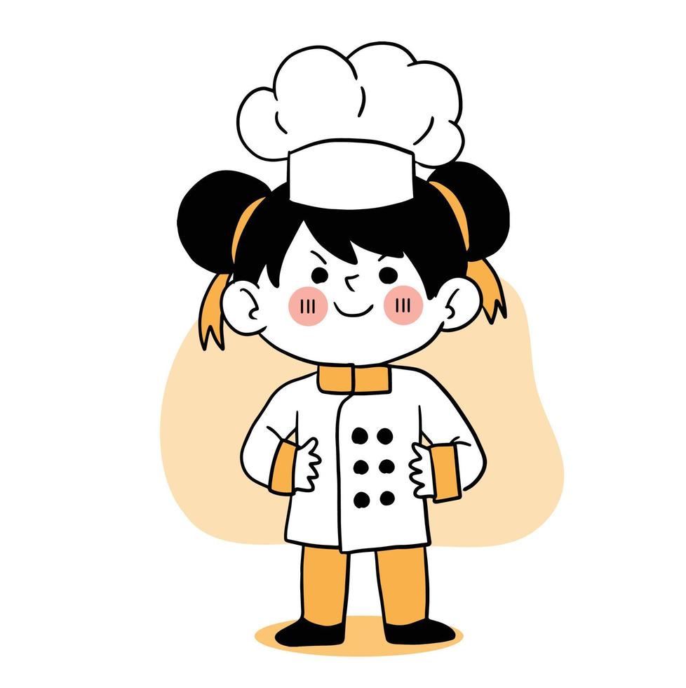 Happy smile little girl chef.kid cooking concept.Doodle hand drawn vector illustration.
