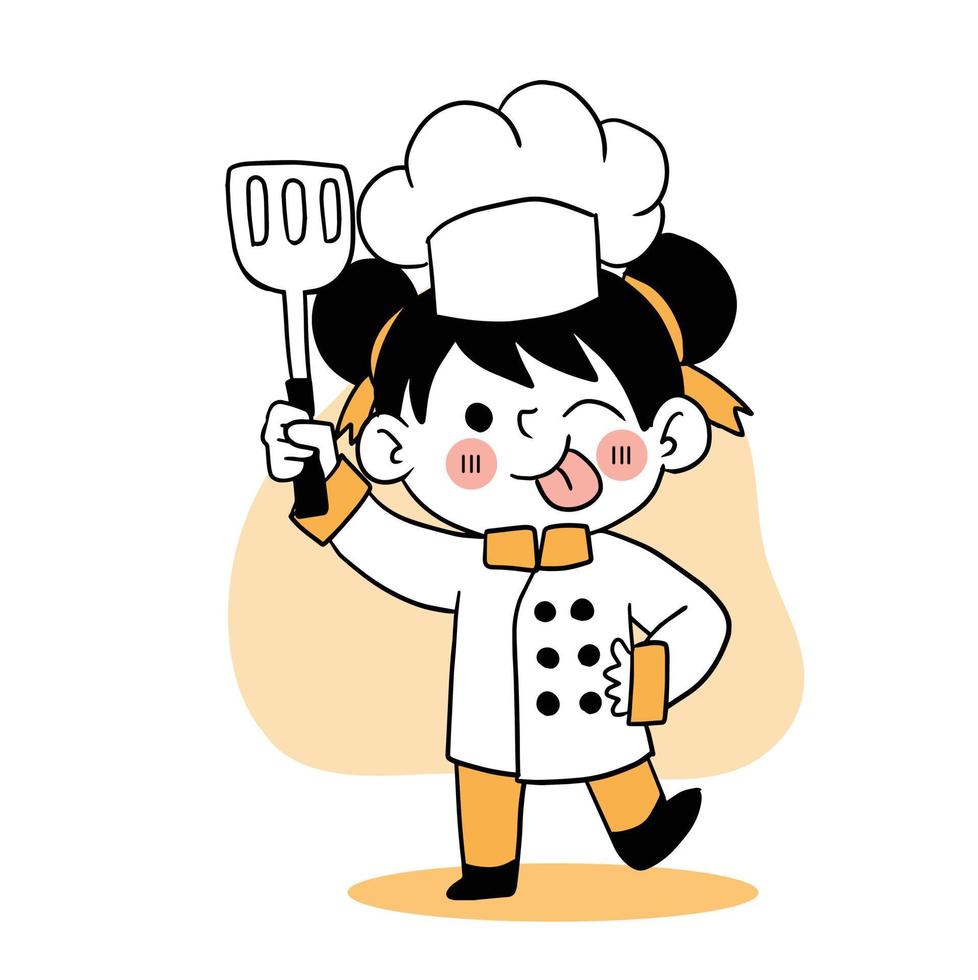 Happy smile little girl chef.kid cooking concept.Doodle hand drawn vector illustration.