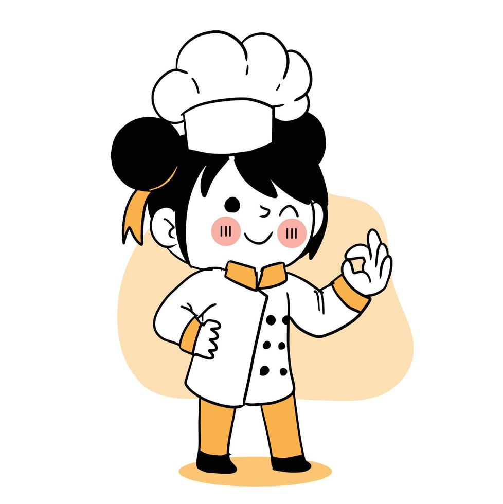 Happy smile little girl chef.kid cooking concept.Doodle hand drawn vector illustration.