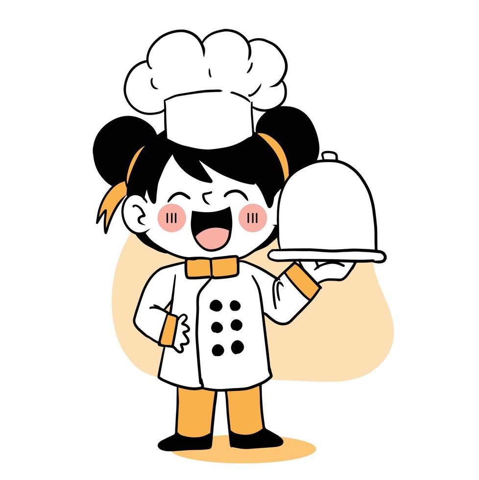 Happy smile little girl chef.kid cooking concept.Doodle hand drawn vector illustration.