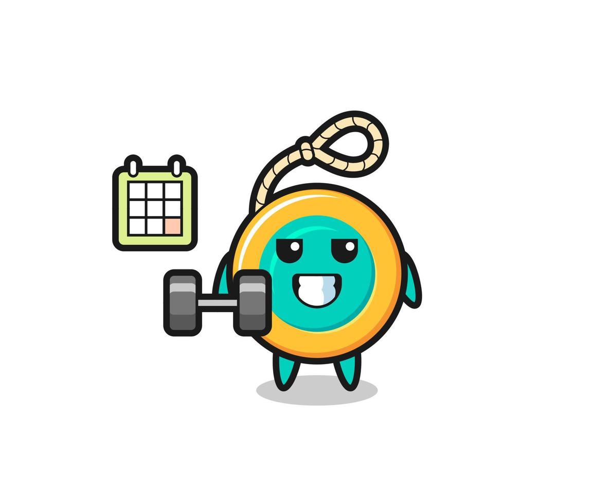 yoyo mascot cartoon doing fitness with dumbbell vector