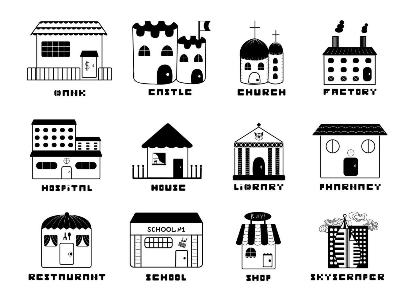 Institutions, black and white icons vector