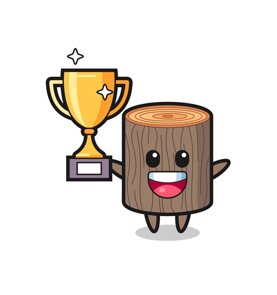 Cartoon Illustration of tree stump is happy holding up the golden trophy vector