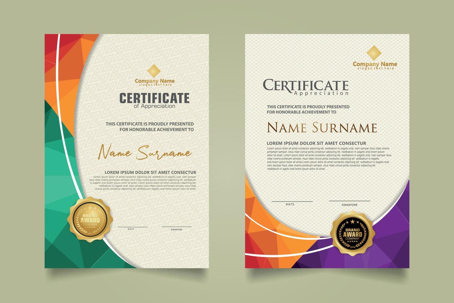 Set modern certificate template with triangle geometric polygon on circular lines ornate background. vector illustrations