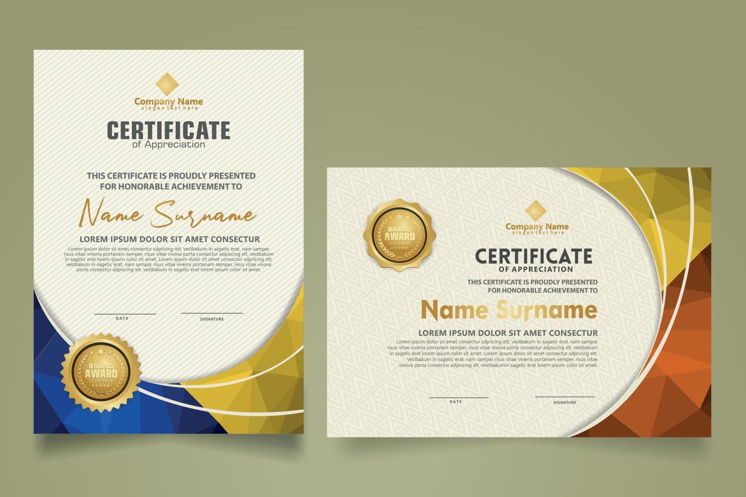 Set modern certificate template with triangle geometric polygon on circular lines ornate background. vector illustrations