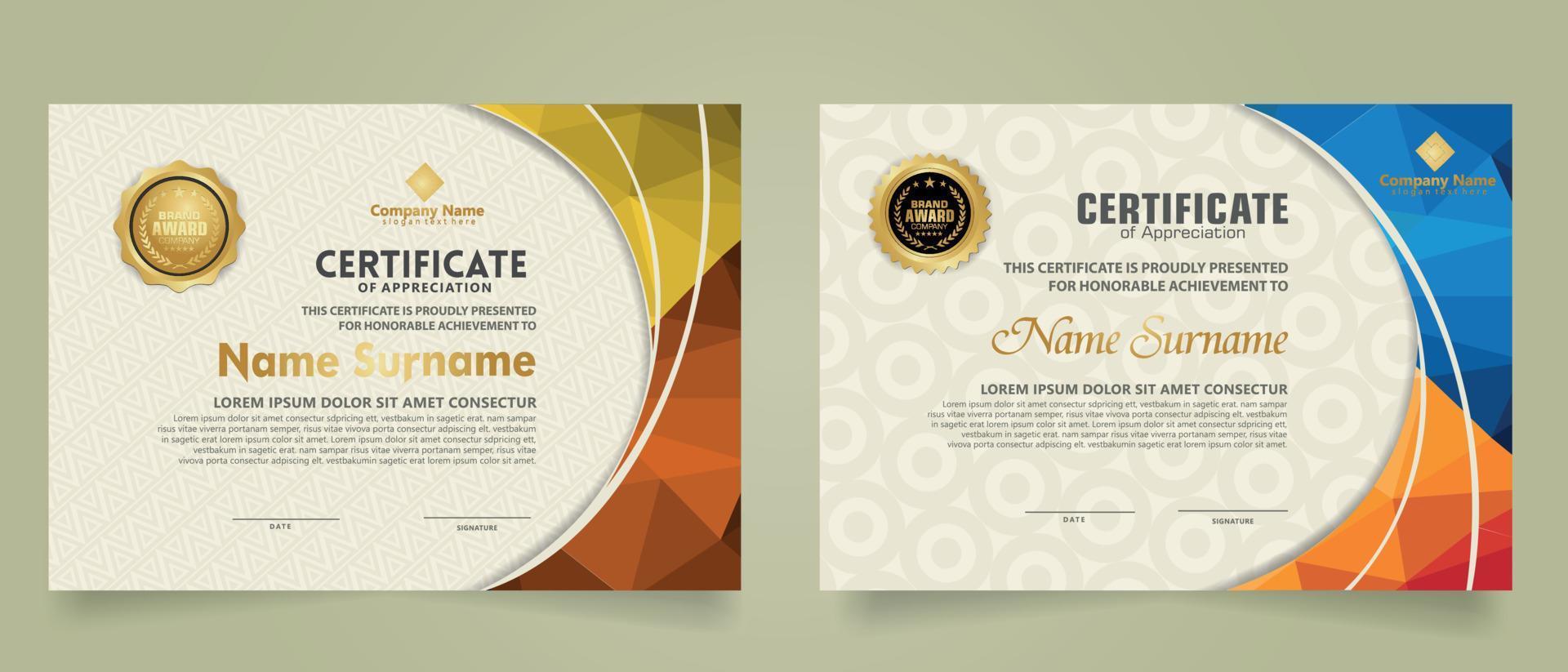 Set modern certificate template with triangle geometric polygon on circular lines ornate background. vector illustrations