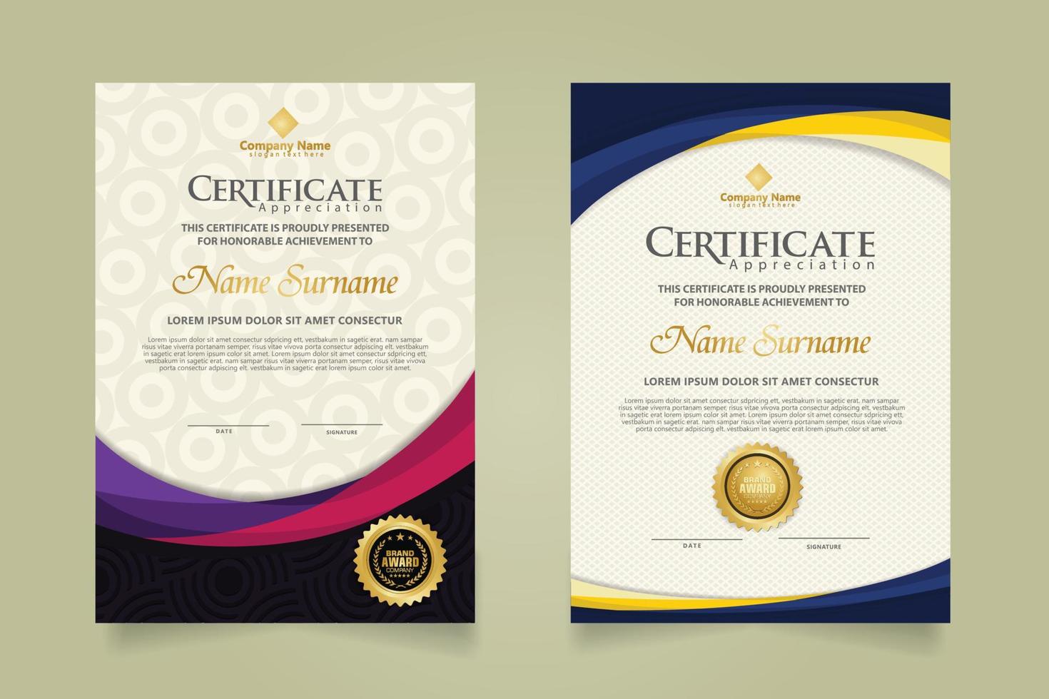 Set modern certificate template with futuristic and elegant color wave shape on the ornament and modern pattern background vector