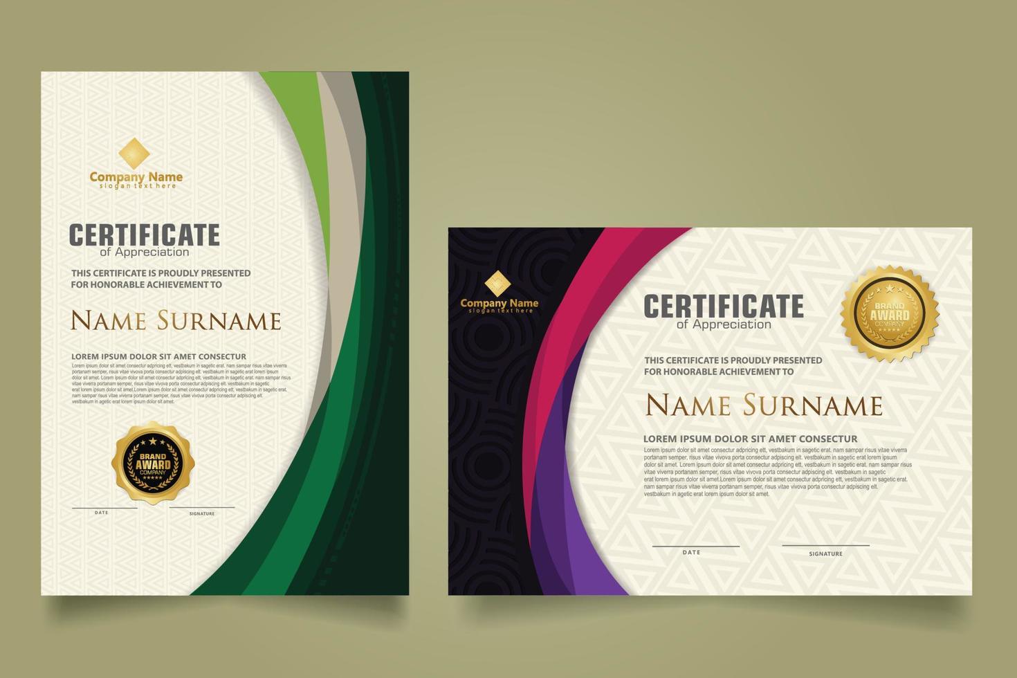 Set modern certificate template with futuristic and elegant color wave shape on the ornament and modern pattern background vector