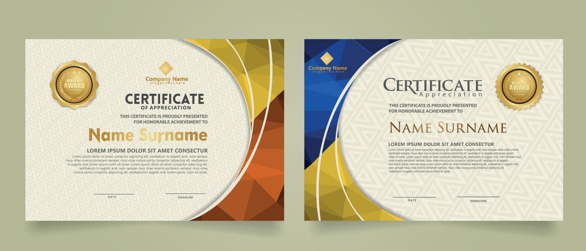 Set modern certificate template with triangle geometric polygon on circular lines ornate background. vector illustrations