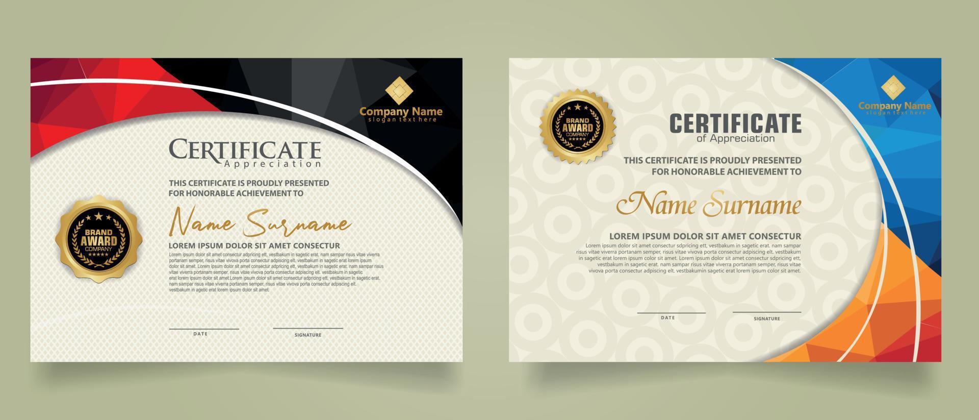 Set modern certificate template with triangle geometric polygon on circular lines ornate background. vector illustrations