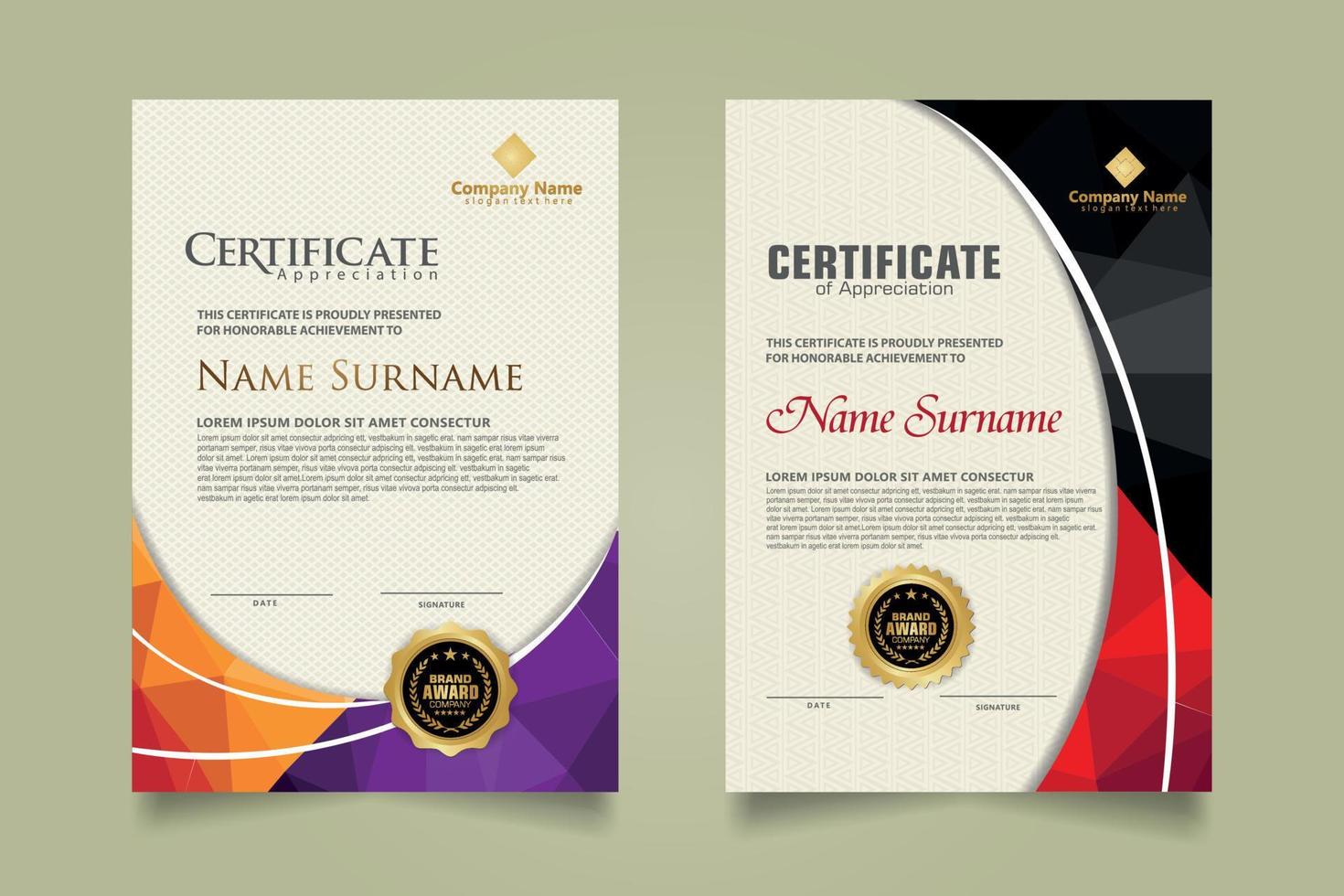 Set modern certificate template with triangle geometric polygon on circular lines ornate background. vector illustrations