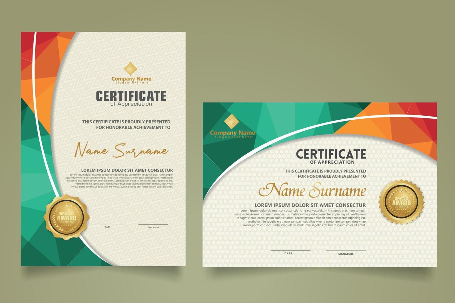 Set modern certificate template with triangle geometric polygon on circular lines ornate background. vector illustrations