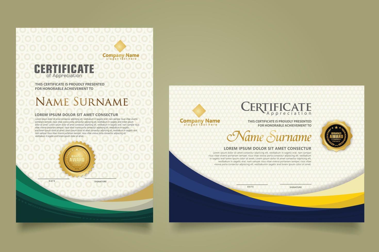 Set modern certificate template with futuristic and elegant color wave shape on the ornament and modern pattern background vector